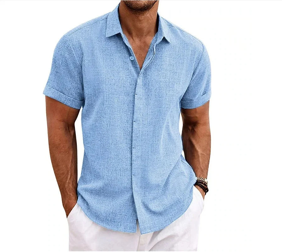 Momount Men Cotton Linen Shirt – Short Sleeve Button Up Casual