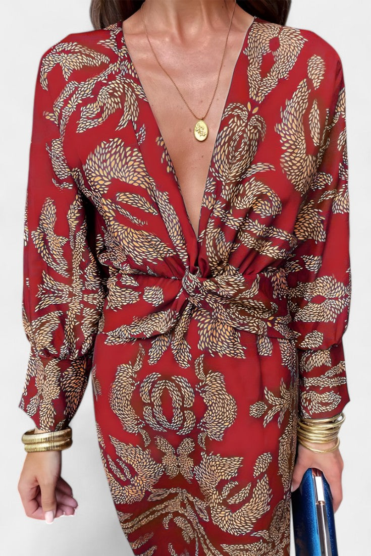 Elara V-Neck Knot Dress | Sculpted Waist, Fluid Drape