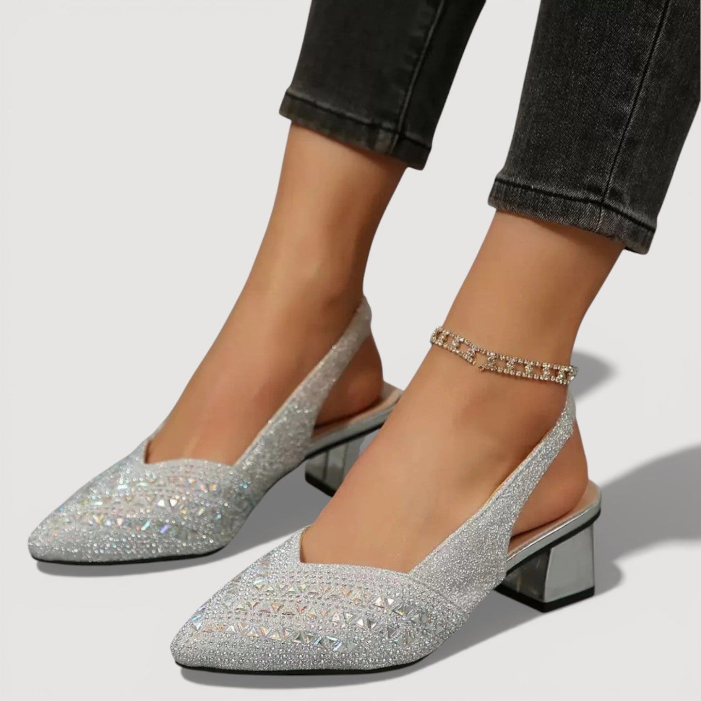 Momount Dame Pumps med Slingback – Rhinsten Spids Tå Lav Bred Hæl V-Udskæring