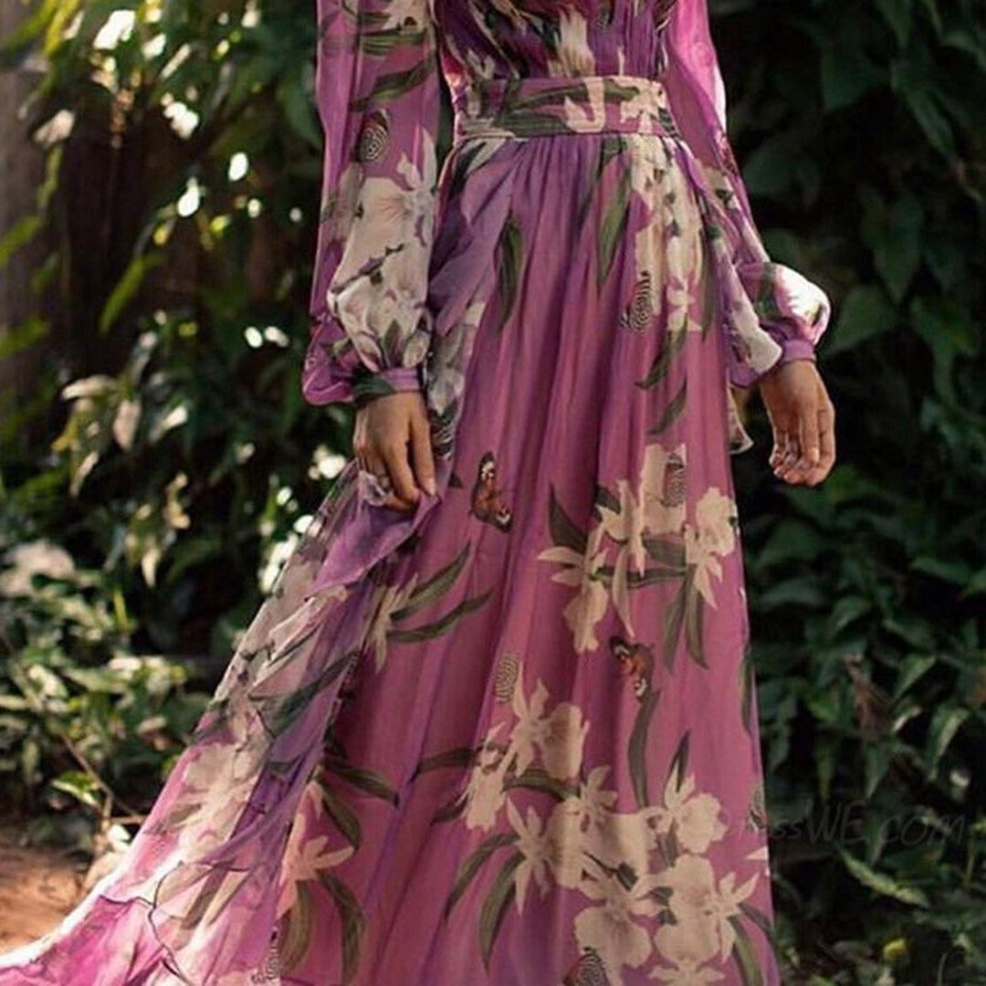 Sommerkjole Marciana – Bohem chiffon slå om-maxikjole med blomster