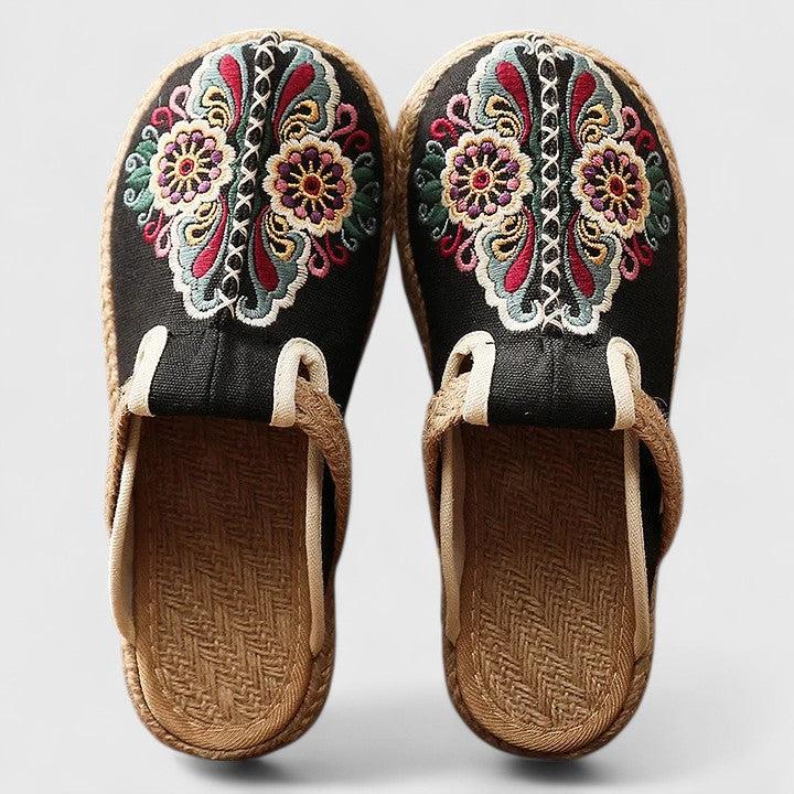 Momount Dame Broderede Mules – Blomstret Lærred Jute-Sål Slip-On Lukket Tå