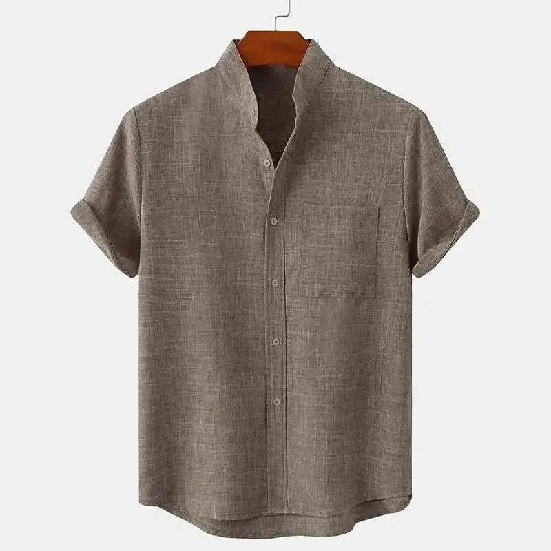 Momount Men Linen Shirt – Short Sleeve Band Collar Chest Pocket Summer