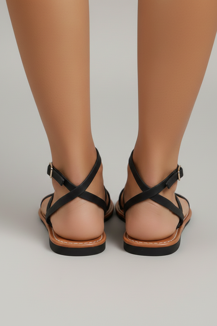 Momount flade sandaler dame – sort læder med strappy krydslagte stropper