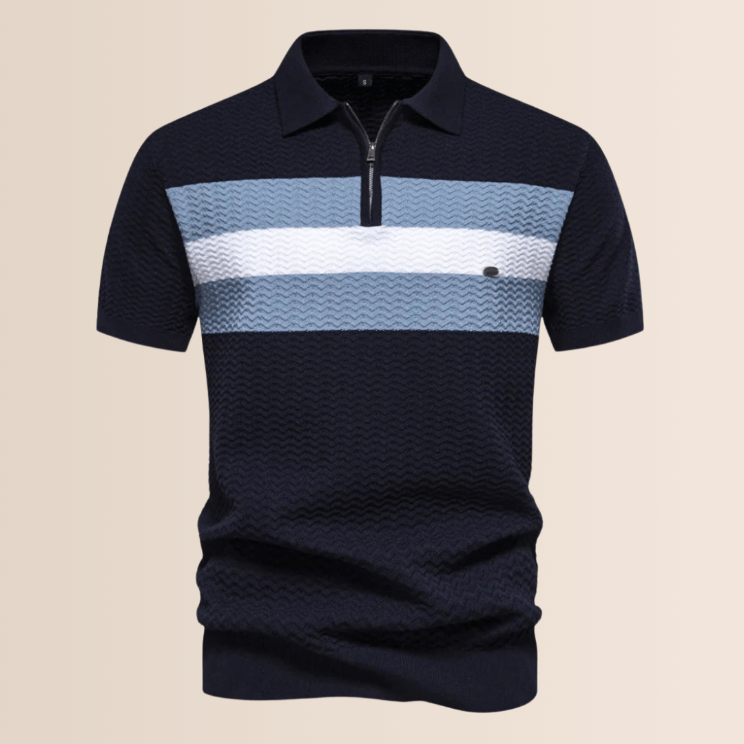 Momount Men Half Zip Polo Shirt – Knit Contrast Stripe Short Sleeve