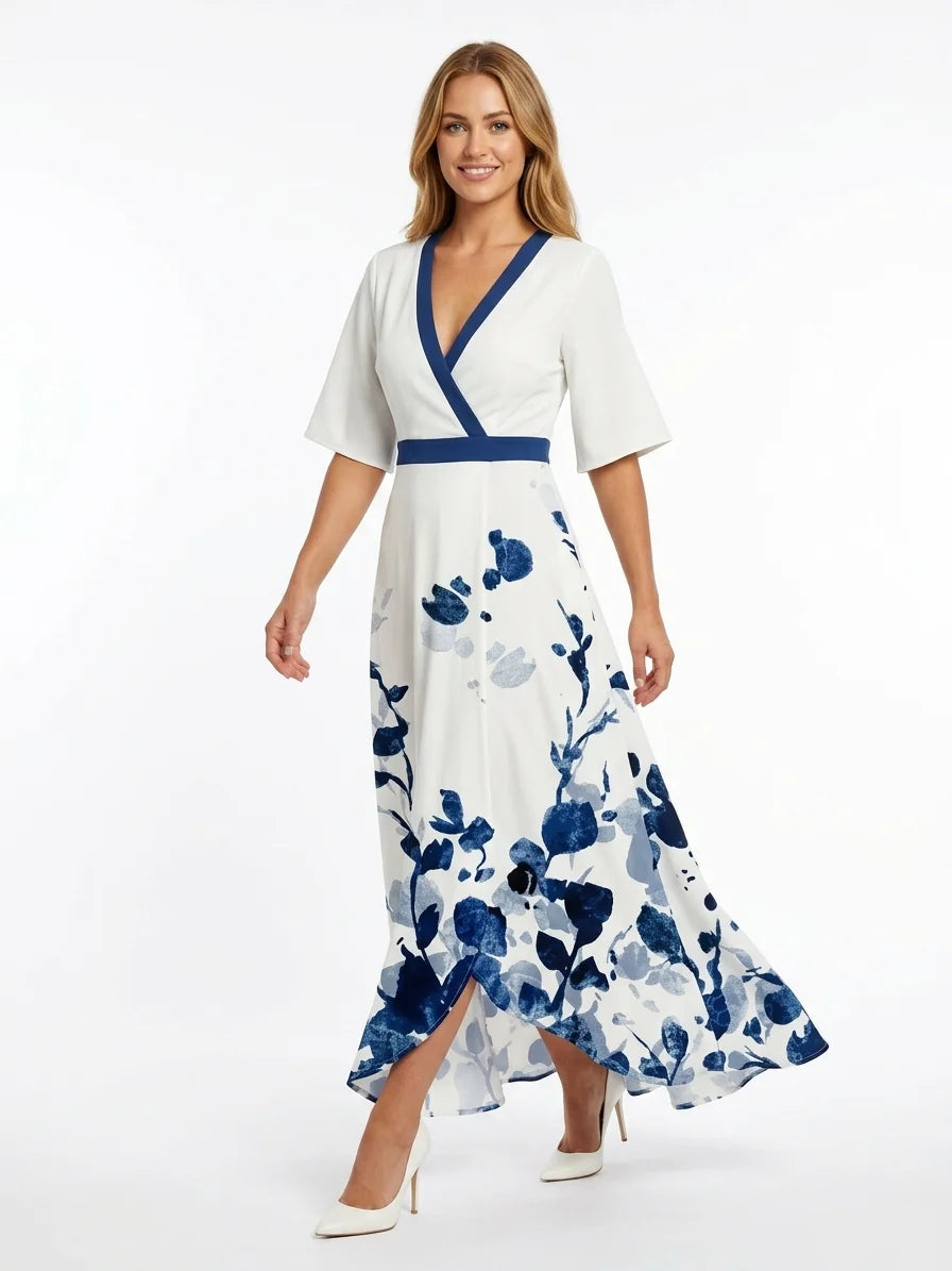 Eden Floral Wrap Maxi Dress | Contrast Trim, Elegant - White - front