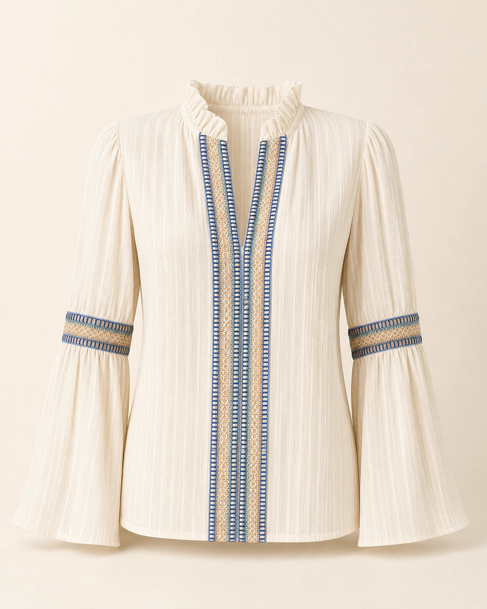 Ivory vintage blouse with embroidered trim, product-only view.