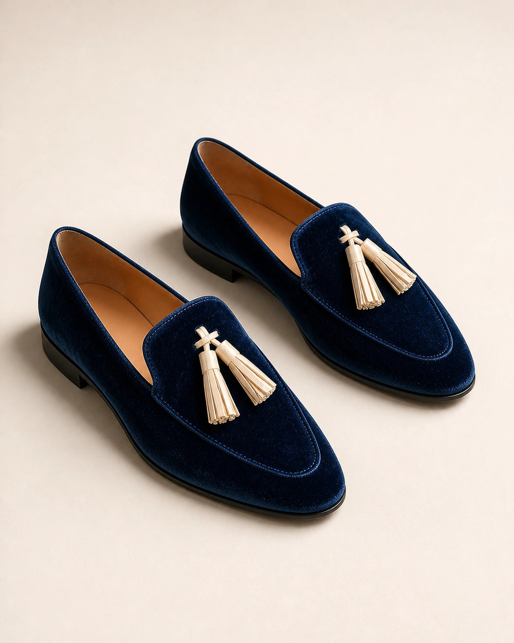 Marineblå loafers med fløjlsstruktur og kvaster — Produktbillede 9