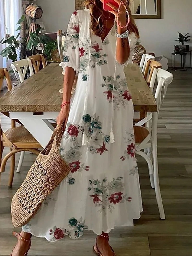 Isadora – Bohem maxikjole med blomsterprint og knaplukning | Sommerlig boho-kjole