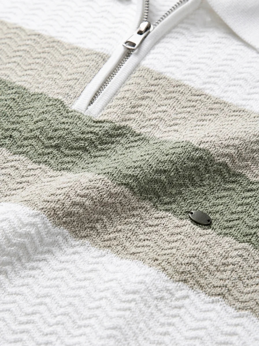 Momount Men Half Zip Polo Shirt – Knit Contrast Stripe Short Sleeve - White - detail
