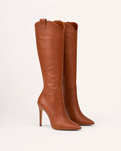 Women's brown leather knee-high stiletto boots, side profile.