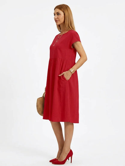 Amadea | Cotton Short Sleeve Tiered Summer Midi Dress - Red - side