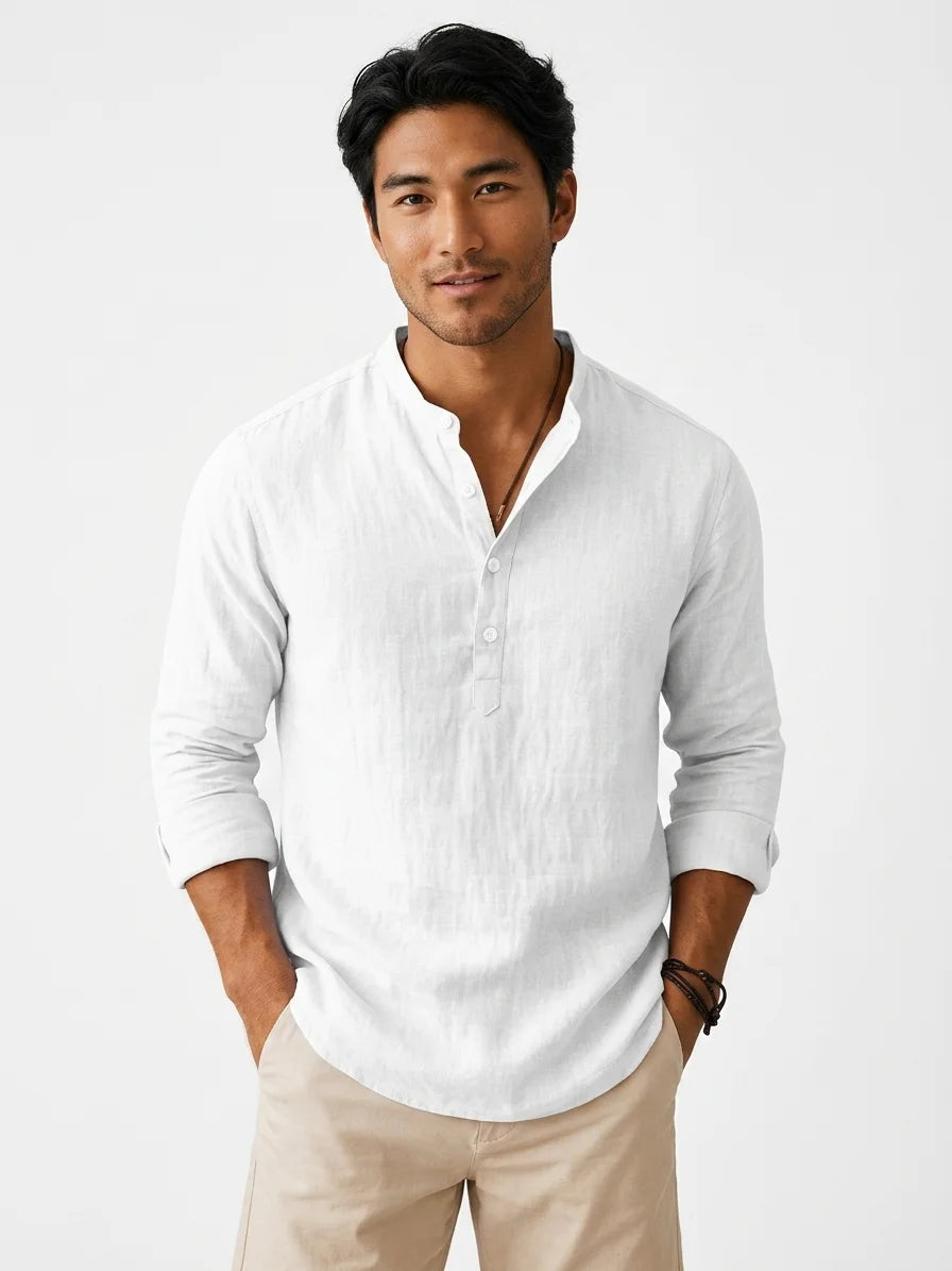 Momount Men Linen Henley Shirt – Long Sleeve Band Collar Breathable Casual - White - front