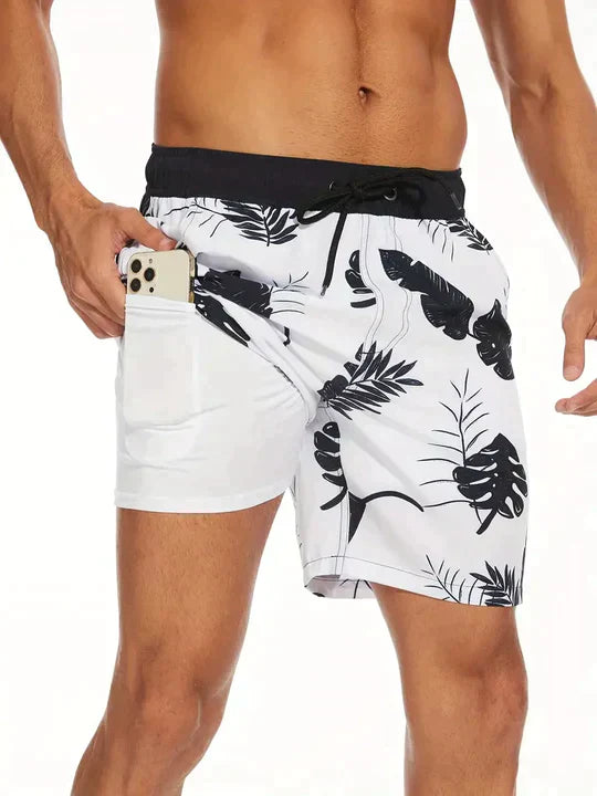 Herrebadeshorts med palmeprint – Kompressionsforing og hurtigtørrende