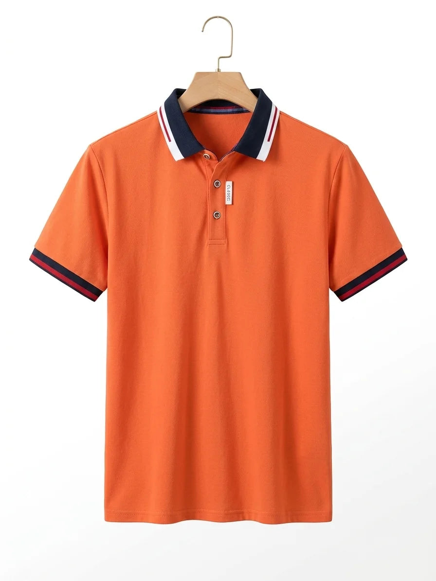 Momount Men Polo Shirt – Contrast Collar Striped Cuff Short Sleeve - Orange - hanger