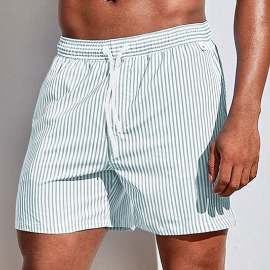 Stribede herrebadeshorts – Salviegrøn og hvid med snørelukning
