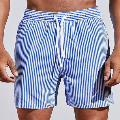 Stribede herrebadeshorts – Salviegrøn og hvid med snørelukning