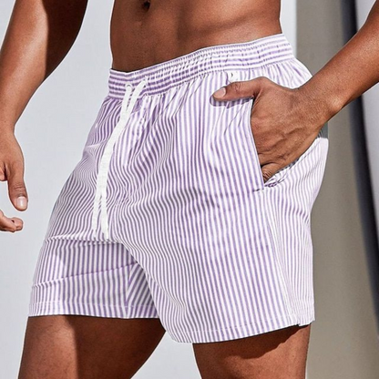 Stribede herrebadeshorts – Salviegrøn og hvid med snørelukning