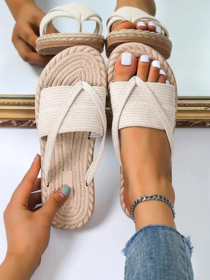 Momount espadrille-sandaler dame – vævet jute med tå-ring i flad slide-model