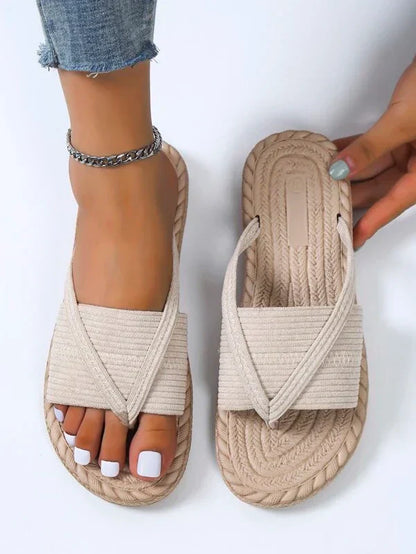Momount espadrille-sandaler dame – vævet jute med tå-ring i flad slide-model