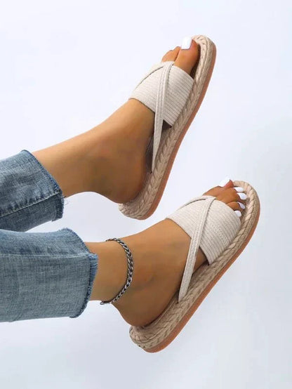Momount espadrille-sandaler dame – vævet jute med tå-ring i flad slide-model