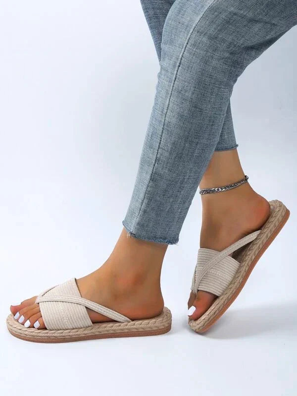 Momount espadrille-sandaler dame – vævet jute med tå-ring i flad slide-model