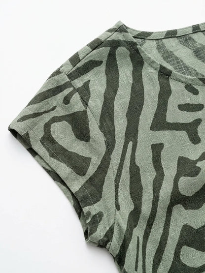 Cleo Abstract Shift Dress | Short Sleeve, Playful Print - Green - detail