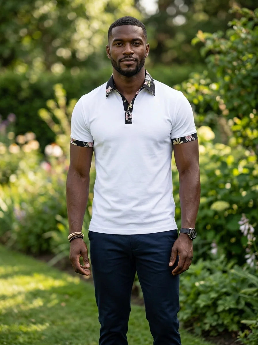 Momount Men Polo Shirt – Floral Contrast Collar Cuffs Short Sleeve - White - lifestyle_garden