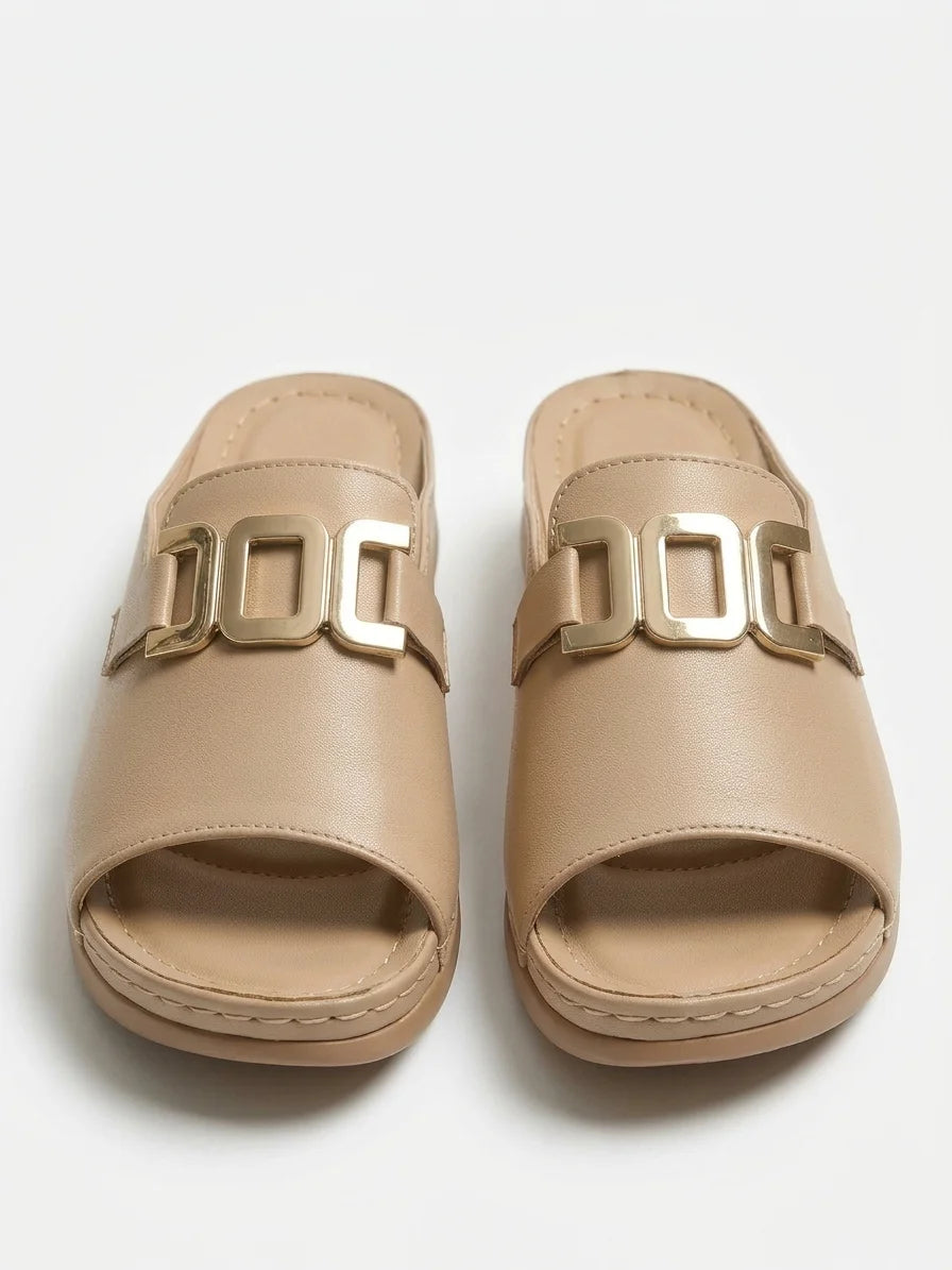 Bellarisa | Gold Chain Buckle Flat Slide Sandals - Beige - front