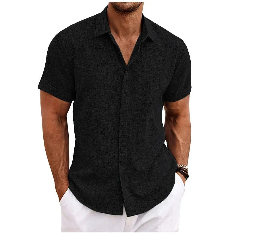 Momount Men Cotton Linen Shirt – Short Sleeve Button Up Casual