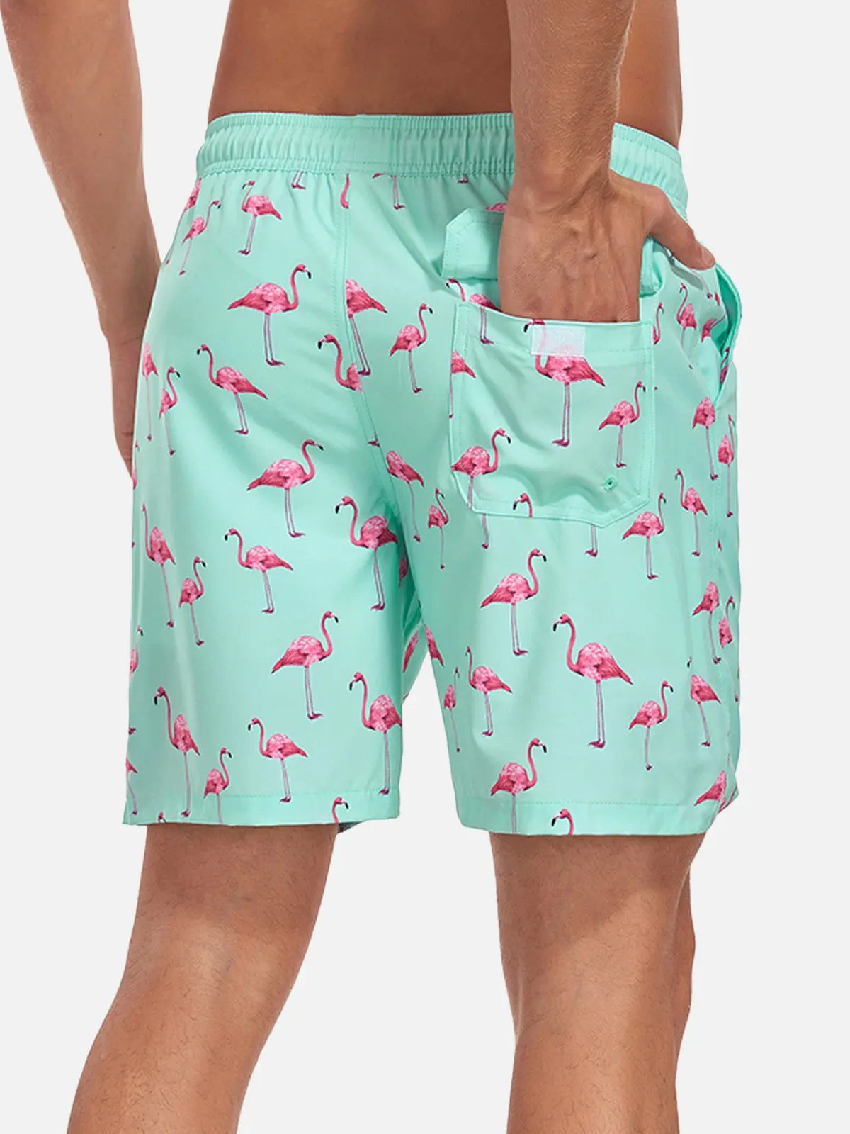 Herrebadeshorts med flamingo-print – Mintgrøn med snørelukning