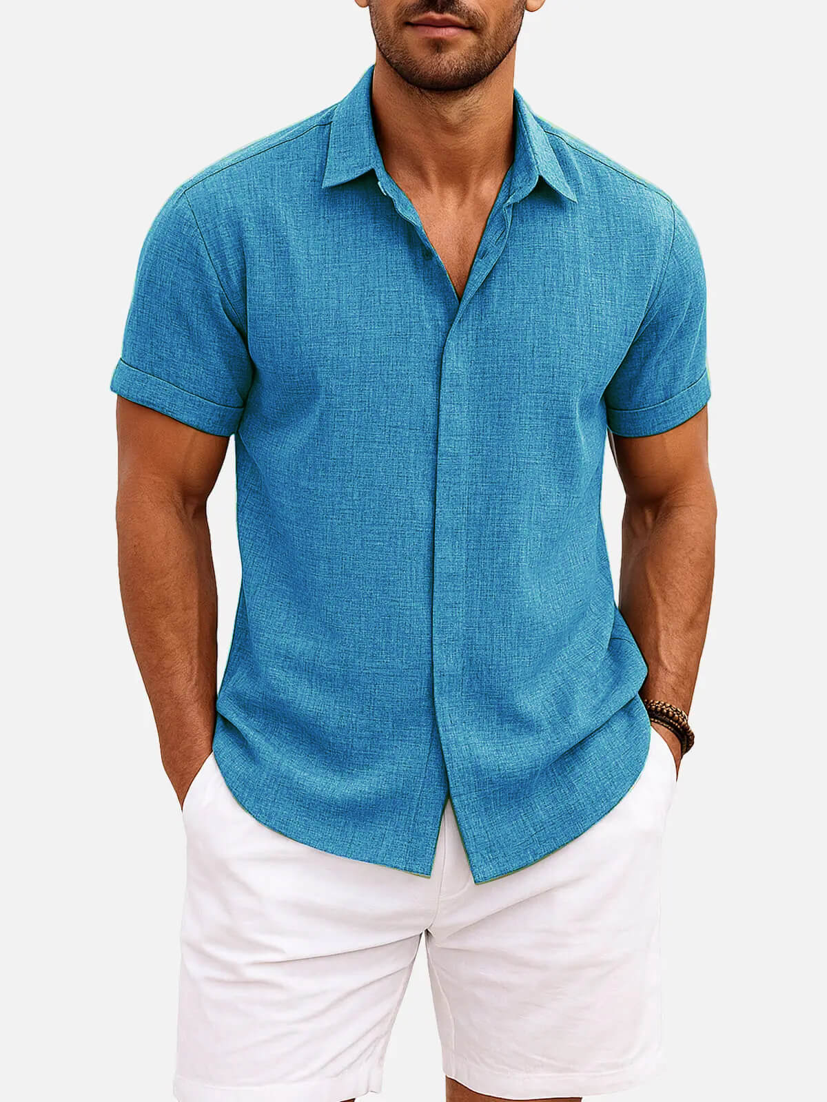 Momount Men Linen Shirt – Short Sleeve Turn Down Collar Cotton Blend Casual