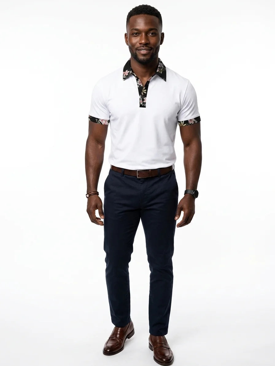 Momount Men Polo Shirt – Floral Contrast Collar Cuffs Short Sleeve - White - front