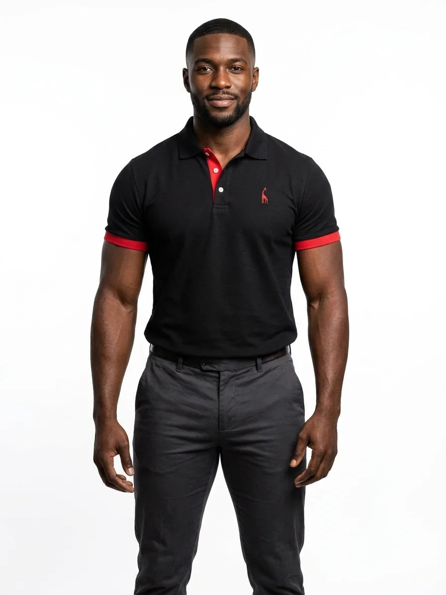 Momount Men Polo Shirt – Contrast Collar Embroidered Logo Short Sleeve - Black - front