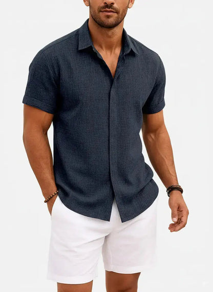 Momount Men Linen Shirt – Short Sleeve Turn Down Collar Cotton Blend Casual