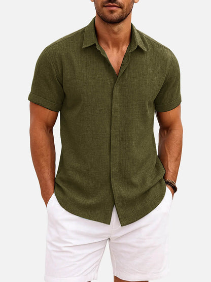 Momount Men Linen Shirt – Short Sleeve Turn Down Collar Cotton Blend Casual