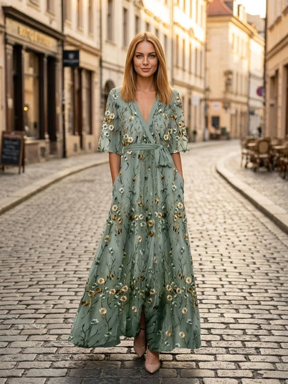 Eden Floral Wrap Maxi Dress | Contrast Trim, Elegant - Blue - lifestyle_street