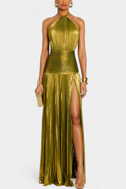 Nova Metallic Halter Dress | Open Back, High Slit, Peridot