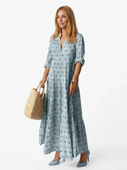 Willow Boho Maxi Dress | All-Over Print, Tassel Detail - Light Blue - 3/4