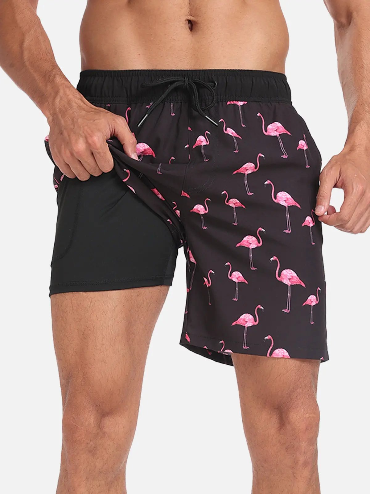 Herrebadeshorts med flamingo-print – Mintgrøn med snørelukning