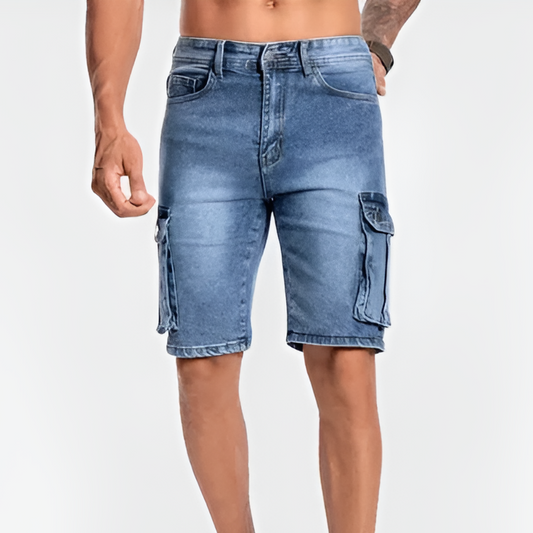 Momount Men Denim Cargo Shorts – Stretch Knee Length Flap Pocket