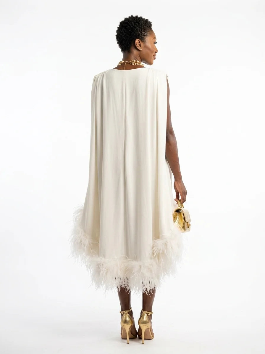 Anastasia | Elegant Feather V Neck Midi Dress - Off white - back