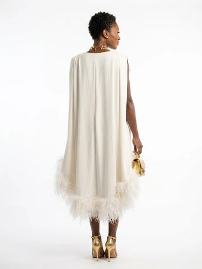 Anastasia | Elegant Feather V Neck Midi Dress - Off white - back