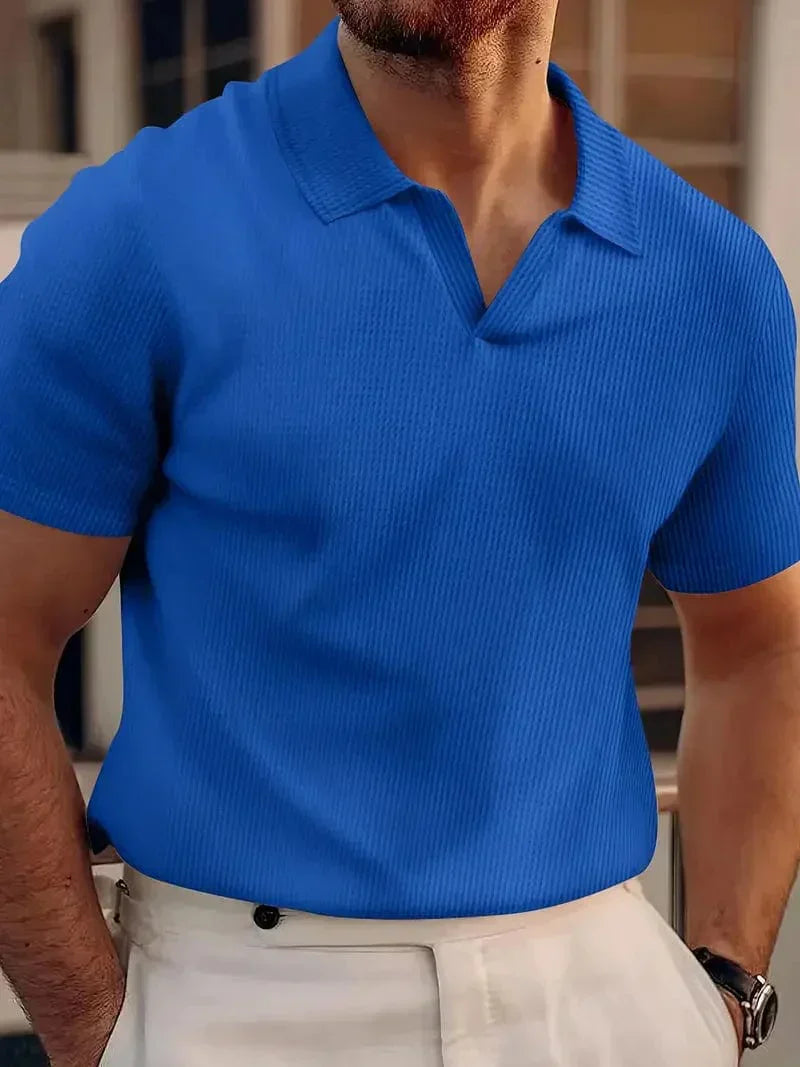 Momount Men Polo Shirt – Ribbed Knit Button-Free V Neck