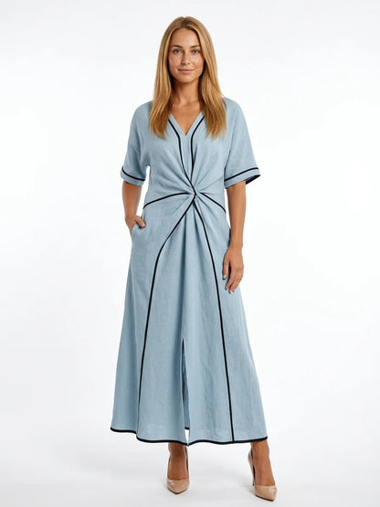 Vivian Twist Front Maxi Dress | V-Neck, Contrast Edges - Blue - front