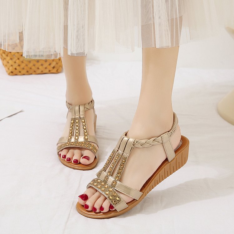 Momount kile-sandaler dame – boho med rhinsten, flettet T-strop til sommer