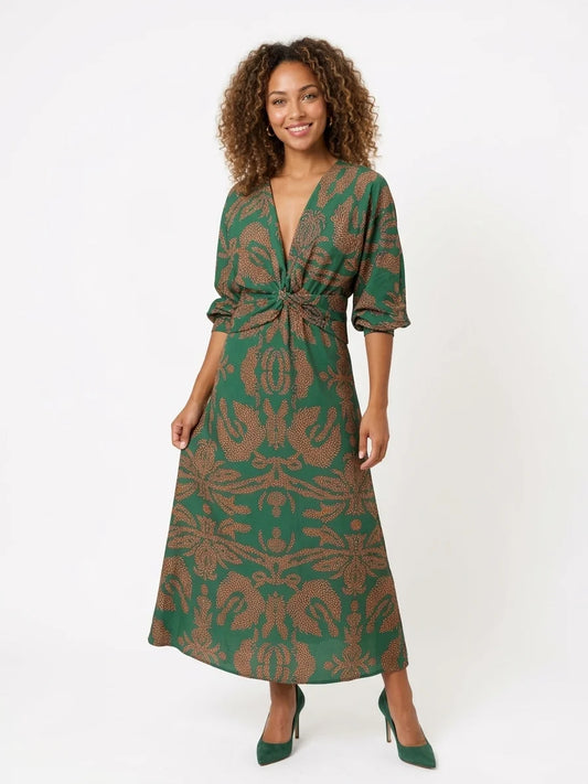 Sienna Midi Dress | Blue & Gold Print, Knot Front, Long Sleeve - Green - front
