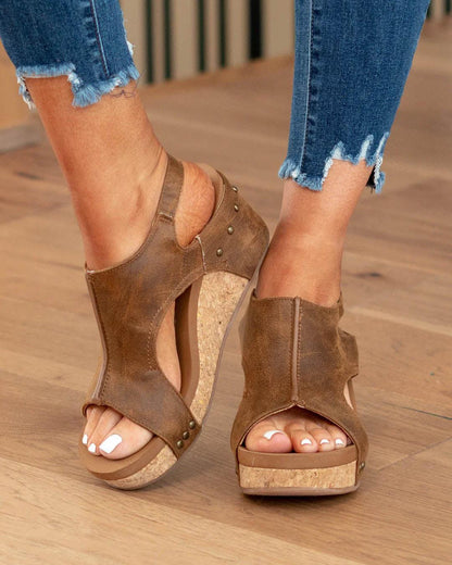 Momount kile-sandaler dame – distressed læder med korkplatform og slingback