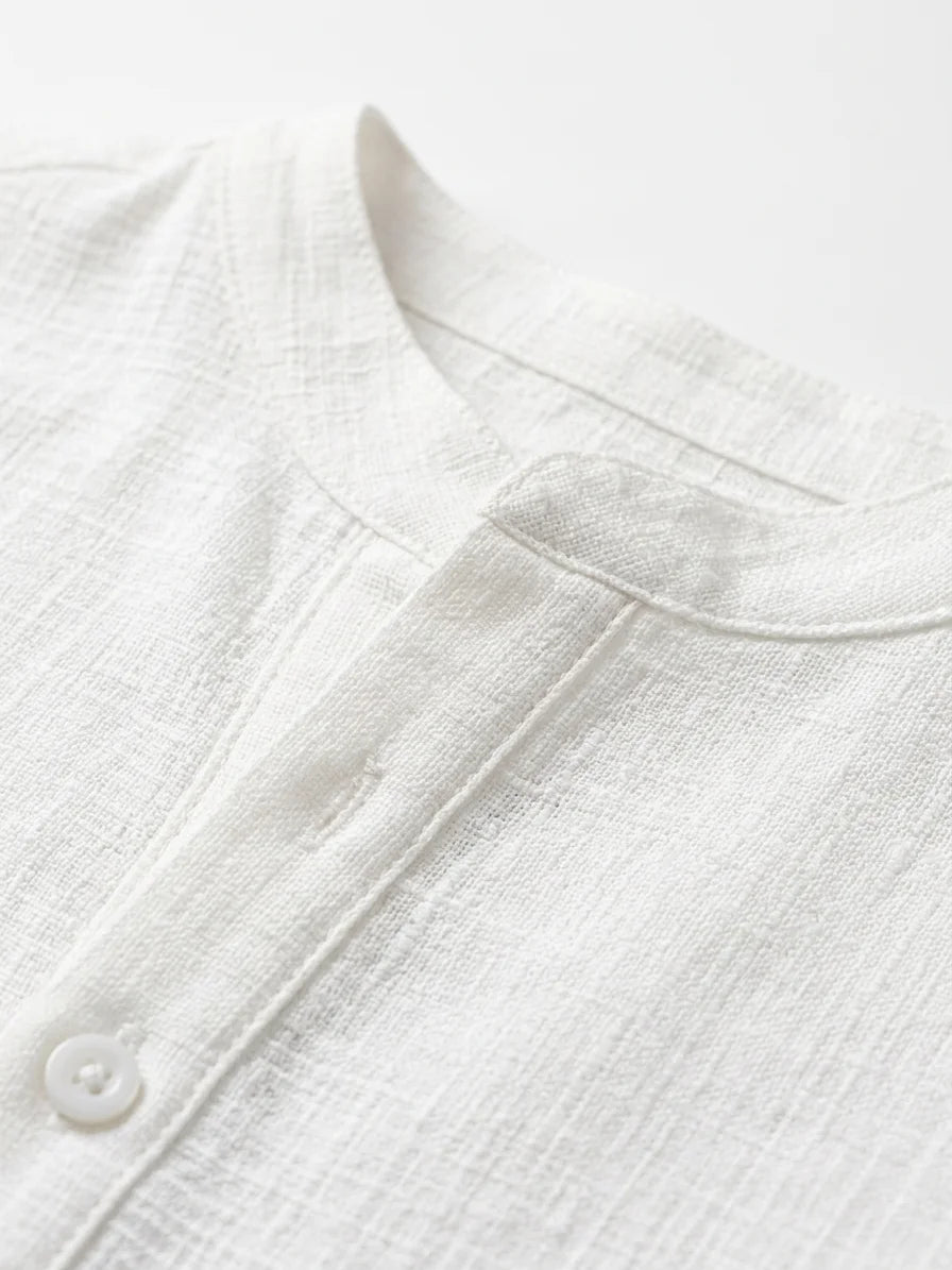 Momount Men Waffle Linen Shirt – Long Sleeve Band Collar Chest Pocket - White - detail