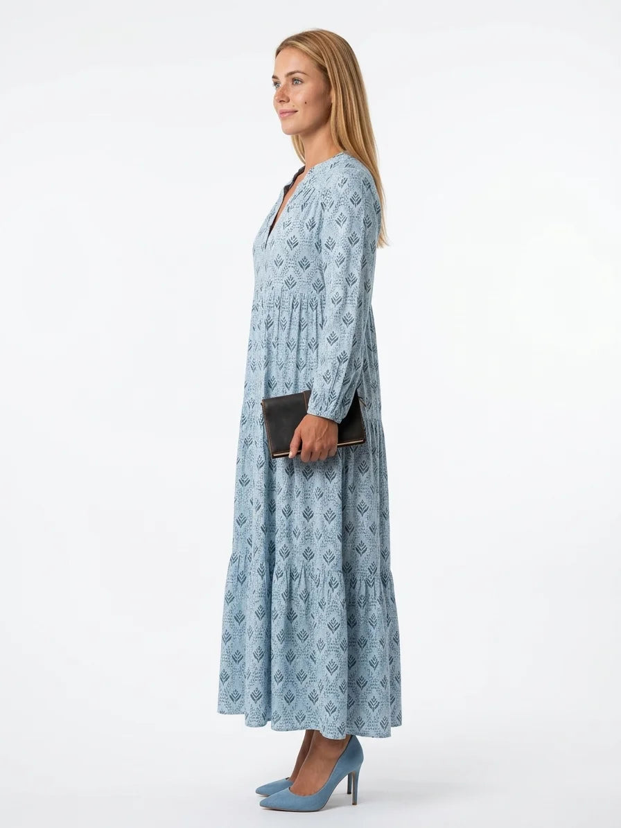 Willow Boho Maxi Dress | All-Over Print, Tassel Detail - Light Blue - side