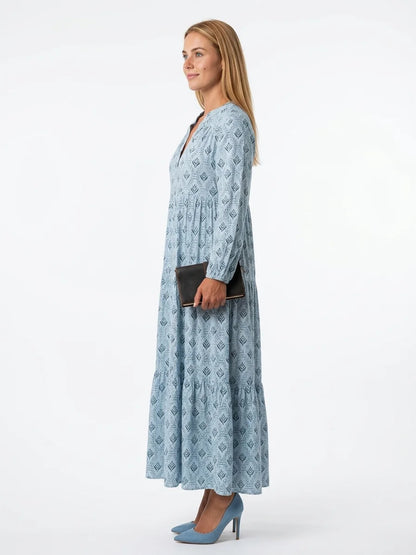 Willow Boho Maxi Dress | All-Over Print, Tassel Detail - Light Blue - side